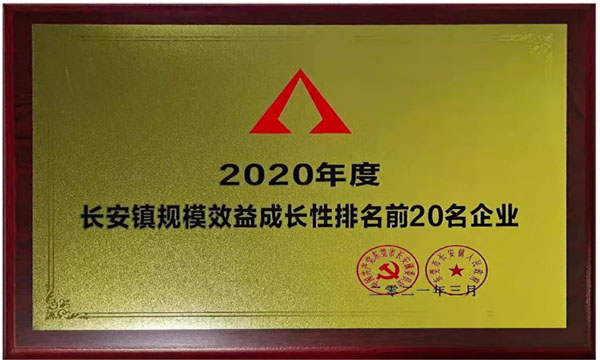 918.com博天堂荣获“2020年度长安镇规模效益生长性排名前20名企业”